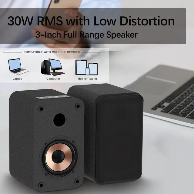 Alt view image 4 of 5 - LONPOO Plug-N-Play Computer Speakers for Desktop and PC, 30W RMS Active Bookshelf Speaker with 3-Inch Full Range Speaker,Support Bluetooth 5.3, USB Playback,Aux-in and 3.5mm Earphone Port