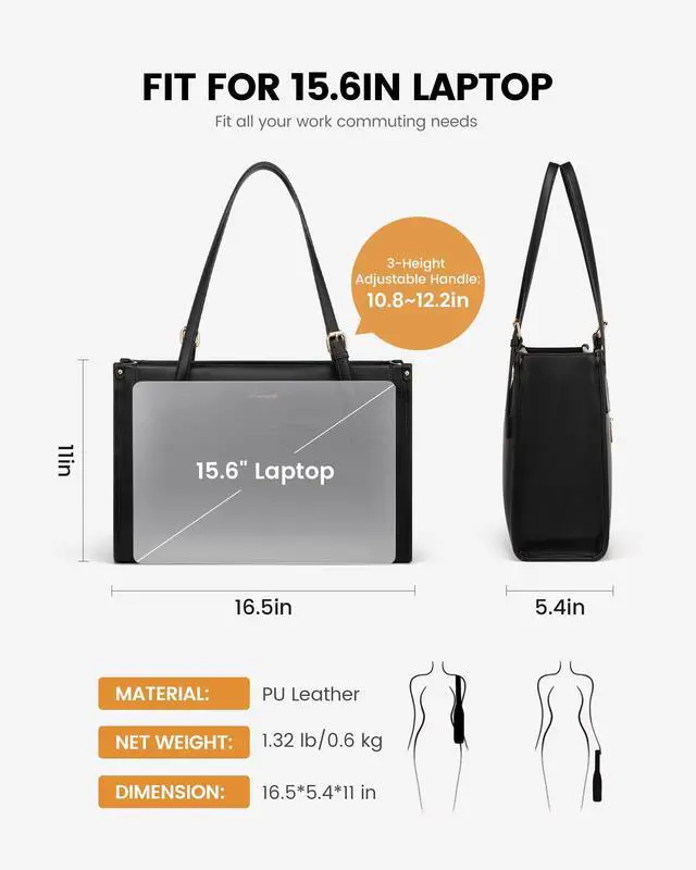 Alt view image 3 of 5 - LOVEVOOK Laptop Tote Bag for Women 15.6 Inch Stylish Leather Work Tote Bag Purse Large Capacity And Waterproof Computer Briefcase for Business Office Travel, Black