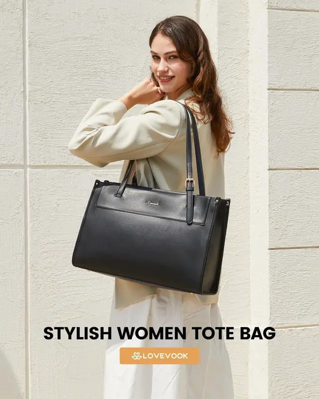 Alt view image 2 of 5 - LOVEVOOK Laptop Tote Bag for Women 15.6 Inch Stylish Leather Work Tote Bag Purse Large Capacity And Waterproof Computer Briefcase for Business Office Travel, Black