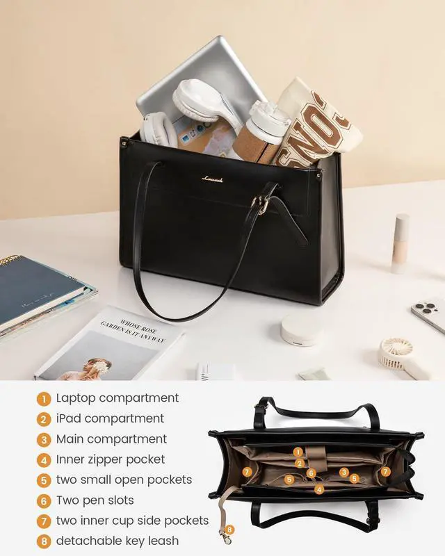 Alt view image 4 of 5 - LOVEVOOK Laptop Tote Bag for Women 15.6 Inch Stylish Leather Work Tote Bag Purse Large Capacity And Waterproof Computer Briefcase for Business Office Travel, Black