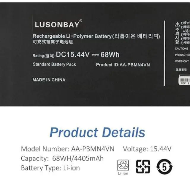 Alt view image 5 of 5 - LUSONBAY AA-PBMN4VN Laptop Battery Replacement for Samsung Galaxy Book Pro 360 15 NP950XDB NP950XDB-KA1US NP950XDB-KB1US NP950QDB Series BA43-00398 BA4300398 BA43-00398A New Battery 15.44V/68Wh