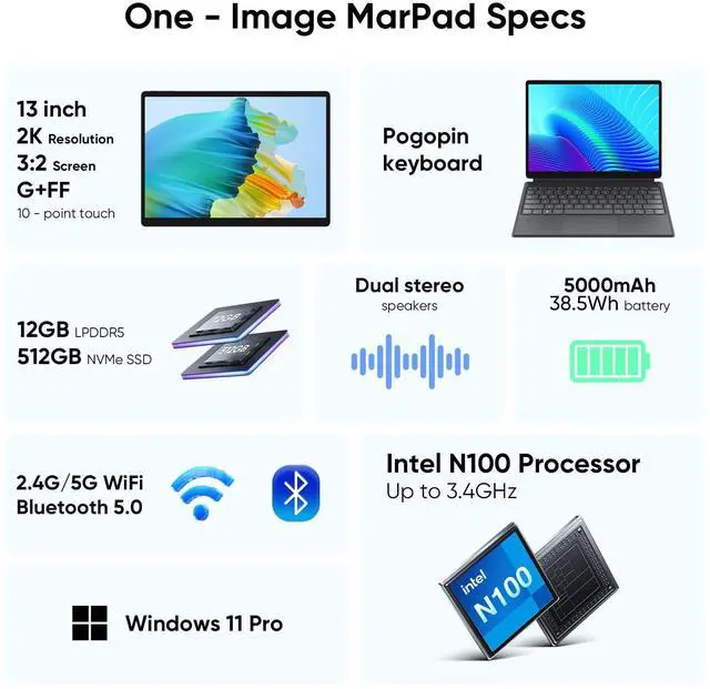 Alt view image 2 of 5 - MARGOLAI 2-in-1 Laptop/Tablet Computer with Keyboard, 13" 2K (2160x1440) IPS Touchscreen, 12GB RAM 512GB NVMe SSD, N100 Quad-Core Processor, Win 11, 2.4/5G WiFi/BT5.0, Full-Featured USB-C