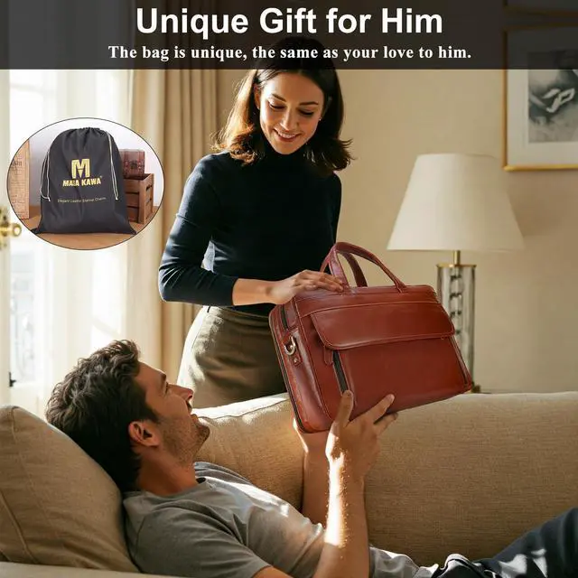 Alt view image 2 of 5 - Masa Kawa Leather Briefcase for Men 15.6 Inch Laptop Computer Brief Attache Case Vintage Business Travel Work Messenger Crossbody Shoulder Bags for Lawyer Teacher, Tan