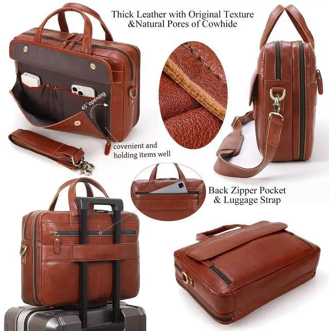 Alt view image 4 of 5 - Masa Kawa Leather Briefcase for Men 15.6 Inch Laptop Computer Brief Attache Case Vintage Business Travel Work Messenger Crossbody Shoulder Bags for Lawyer Teacher, Tan