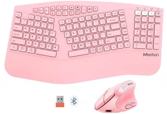 Main image of MEETION 2025 Upgrade Pink Ergonomic Keyboard and Mouse, Multi-Device Bluetooth/2.4G Keyboard, 3 DPI Adjustable Wireless Mouse, Full-Sized Rechargeable Cordless for PC/Computer/Laptop/Window