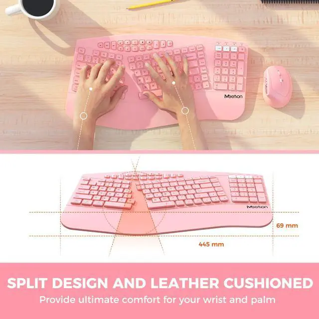 Alt view image 3 of 5 - MEETION 2025 Upgrade Pink Ergonomic Keyboard and Mouse, Multi-Device Bluetooth/2.4G Keyboard, 3 DPI Adjustable Wireless Mouse, Full-Sized Rechargeable Cordless for PC/Computer/Laptop/Window