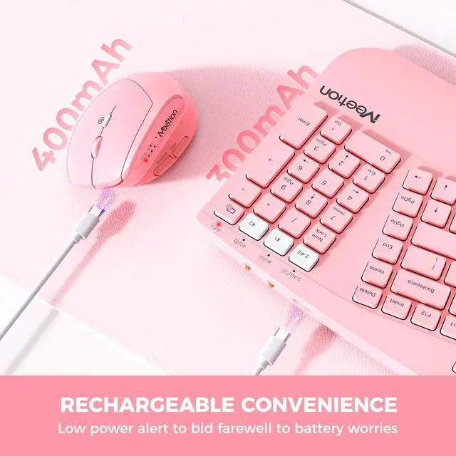 Alt view image 4 of 5 - MEETION 2025 Upgrade Pink Ergonomic Keyboard and Mouse, Multi-Device Bluetooth/2.4G Keyboard, 3 DPI Adjustable Wireless Mouse, Full-Sized Rechargeable Cordless for PC/Computer/Laptop/Window