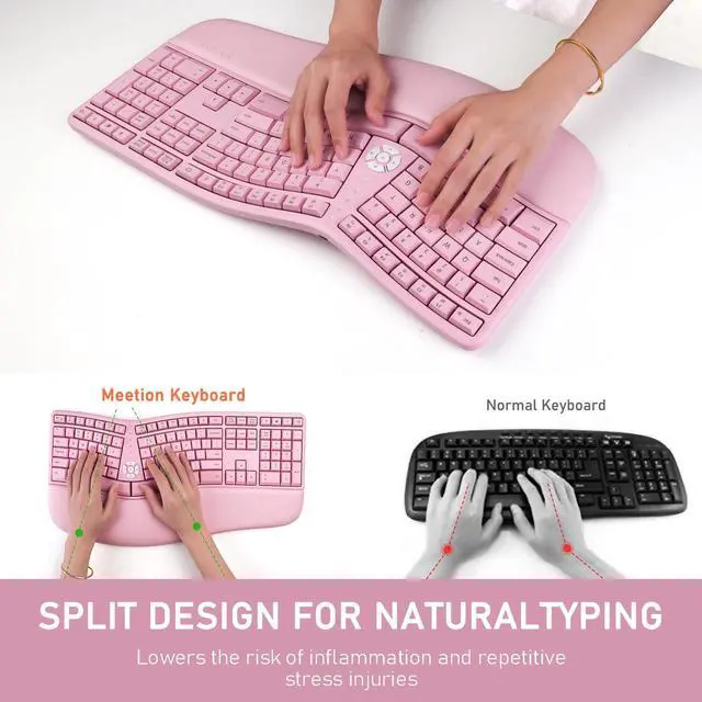 Alt view image 2 of 5 - MEETION Ergonomic Keyboard Wireless, Split Curved Keyboard with Cushioned Wrist Palm Rest, Natural Typing Full Size Rechargeable with USB-C Adapter for PC/Laptop/Windows/Mac, Pink