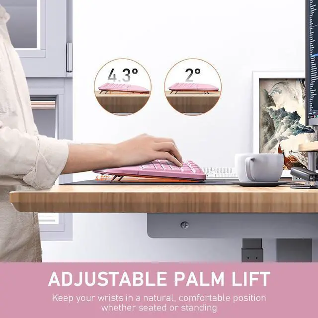Alt view image 4 of 5 - MEETION Ergonomic Keyboard Wireless, Split Curved Keyboard with Cushioned Wrist Palm Rest, Natural Typing Full Size Rechargeable with USB-C Adapter for PC/Laptop/Windows/Mac, Pink