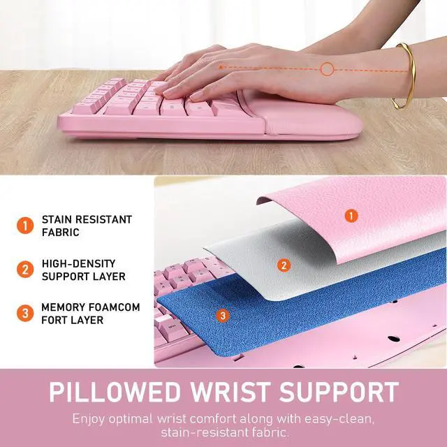 Alt view image 3 of 5 - MEETION Ergonomic Keyboard Wireless, Split Curved Keyboard with Cushioned Wrist Palm Rest, Natural Typing Full Size Rechargeable with USB-C Adapter for PC/Laptop/Windows/Mac, Pink