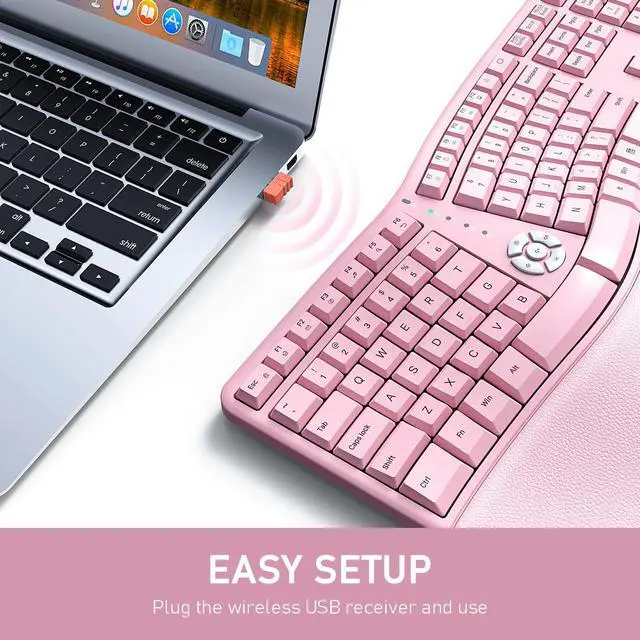 Alt view image 5 of 5 - MEETION Ergonomic Keyboard Wireless, Split Curved Keyboard with Cushioned Wrist Palm Rest, Natural Typing Full Size Rechargeable with USB-C Adapter for PC/Laptop/Windows/Mac, Pink