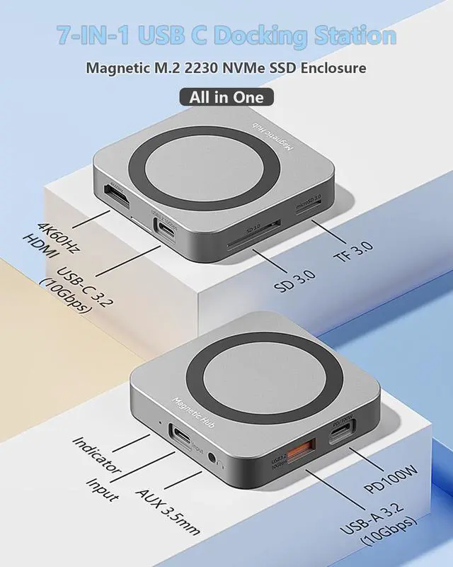 Alt view image 2 of 5 - Magnetic M.2 NVMe 2230 SSD Enclosure 7 in 1 USB C Hub with 4K@60Hz HDMI 10Gbps USB-A/USB-C 3.2 SD/TF 3.0 Card Solt AUX 100W PD Docking Station for Phone/Laptop/Tablet and Other Type-C Devices