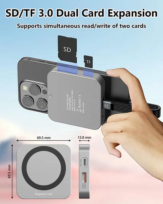 Alt view image 3 of 5 - Magnetic M.2 NVMe 2230 SSD Enclosure 7 in 1 USB C Hub with 4K@60Hz HDMI 10Gbps USB-A/USB-C 3.2 SD/TF 3.0 Card Solt AUX 100W PD Docking Station for Phone/Laptop/Tablet and Other Type-C Devices