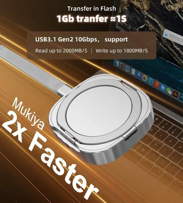 Alt view image 3 of 5 - Mukiya 512GB M.2 2230 NVMe SSD with Kickstand, Portable Aluminum External SSD with 100W PD Charge, Compatible with MagSafe for iPhone 17/16/15 Series,Galaxy S25/S24/S23, Tablet, Computer