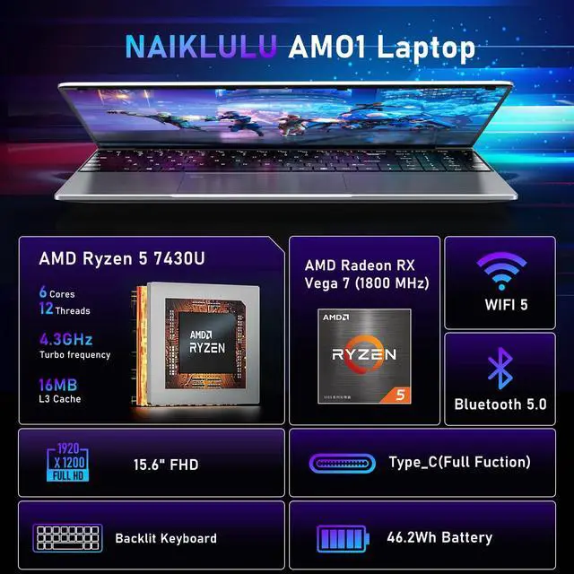 Alt view image 2 of 5 - NAIKLULU Gaming Laptop,15.6 Inch Laptop Computer,16GB RAM 1TB SSD,AMD Ryzen 5 7430U 6C/12T Processor(up to 4.3Ghz),AMD Radeon Graphics,15.6"FHD 1920 * 1080 Display,WiFi 5,BT5.0,Backlit Keyboard