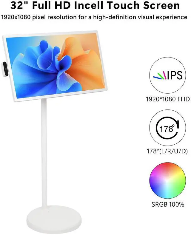 Alt view image 4 of 5 - Neeni Play 32-Inch Smart Portable TV with Touchscreen Monitor, 1081P Rotatable Screen, Rolling TV on Wheels, Built-in Battery, Android OS, Remote Control