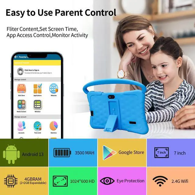 Alt view image 2 of 5 - NEWISION Kids Tablet 7 inch,32GB Toddler Tablets Android 13 with WiFi,Dual Camera,Education,Games,Kids Software Pre-Installed,Computer Tabletas PC with Age Filters,Parental Controls(Blue)