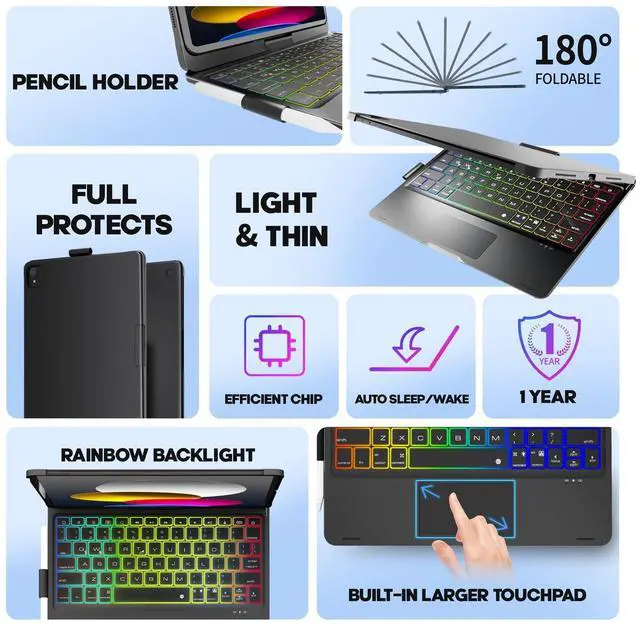Alt view image 4 of 5 - NOKBABO for iPad 10th & 11th (A16) Generation Case with Keyboard,iPad Air 11 Keyboard(M3/M2), Keyboard for iPad Pro 11 (4th/3rd/2nd/1st) & iPad Air 5/4th, Trackpad,360degSwivel, Backlit - Matt Black