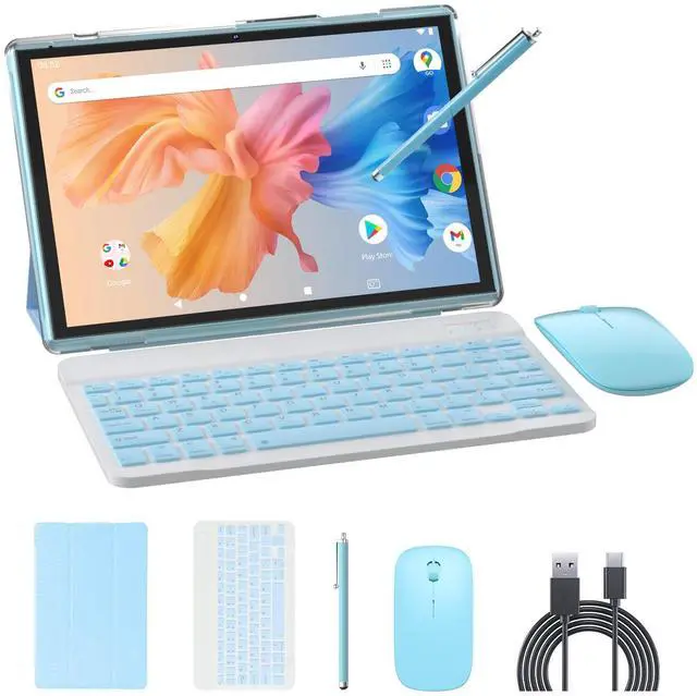 Main image of NOVOJOY 2 in 1 Tablet 10 Inch Android 14 OS Tableta, Tablets with Keyboard, Mouse, Case, Stylus, 64GB ROM+8GB RAM, 2MP+8MP Dual Camera, Quad Core Processor, 6000mAh Battery, 10.1 in FHD Tab Blue