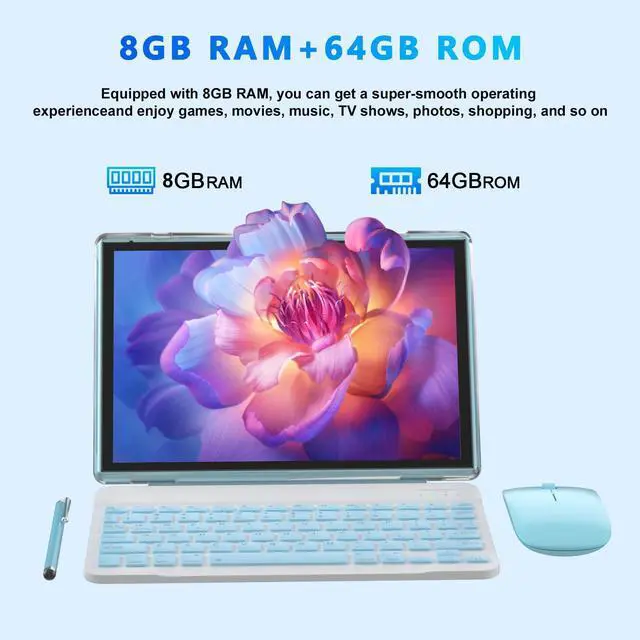 Alt view image 2 of 5 - NOVOJOY 2 in 1 Tablet 10 Inch Android 14 OS Tableta, Tablets with Keyboard, Mouse, Case, Stylus, 64GB ROM+8GB RAM, 2MP+8MP Dual Camera, Quad Core Processor, 6000mAh Battery, 10.1 in FHD Tab Blue