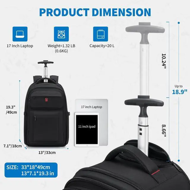 Alt view image 3 of 5 - OIWAS Rolling Backpack, Travel Backpack with Wheels, 17 Inch Laptop Roller Backpacks, Business Wheeled Backpacks for Women Men