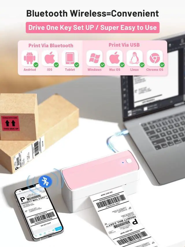 Alt view image 2 of 5 - Phomemo Bluetooth Thermal Label Printer with 1 Roll Pink Thermal Labels