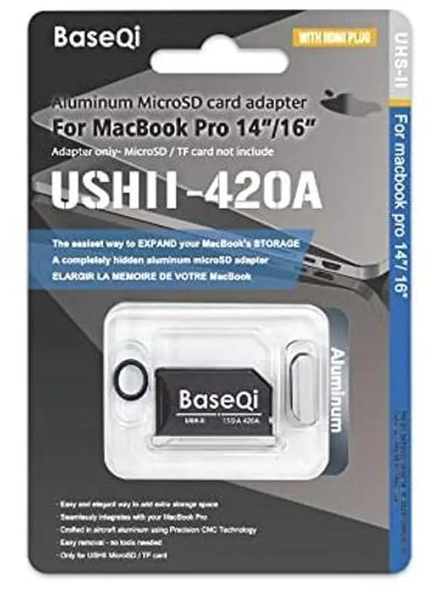 Main image of BASEQI UHS-II Aluminum microSD Adapter for 2021 M1 MacBook Pro 14 & 16" (Adapter with HDMI Dust Plug, Silver)