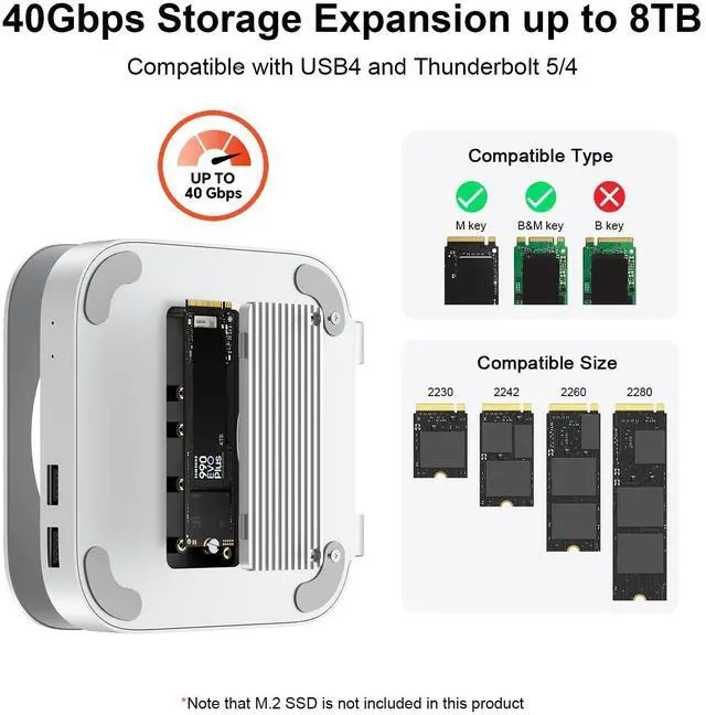 Alt view image 2 of 5 - Qwiizlab Mac mini M4/M4 Pro Stand Hub with 40Gbps USB4 NVMe SSD Enclosure, USB-C Host, 3 USB-A 2.0, 3.5mm Audio, Supports M.2 PCIe up to 8TB, Compatible with Thunderbolt 4/5