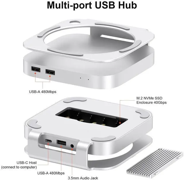 Alt view image 4 of 5 - Qwiizlab Mac mini M4/M4 Pro Stand Hub with 40Gbps USB4 NVMe SSD Enclosure, USB-C Host, 3 USB-A 2.0, 3.5mm Audio, Supports M.2 PCIe up to 8TB, Compatible with Thunderbolt 4/5