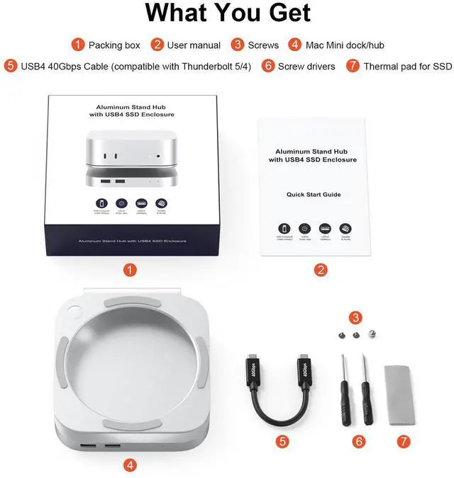 Alt view image 5 of 5 - Qwiizlab Mac mini M4/M4 Pro Stand Hub with 40Gbps USB4 NVMe SSD Enclosure, USB-C Host, 3 USB-A 2.0, 3.5mm Audio, Supports M.2 PCIe up to 8TB, Compatible with Thunderbolt 4/5