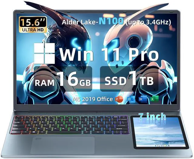 Main image of Dual Screen Laptop 15.6" LCD Screen + 7" Touch Screen Computer 16GB RAM 1TB SSD in tel N100 (up to 3.4GHz) /Student & Business Portable PC with Color Backlight KB,TypeC,Windows 11 Pro (16G+1TB)