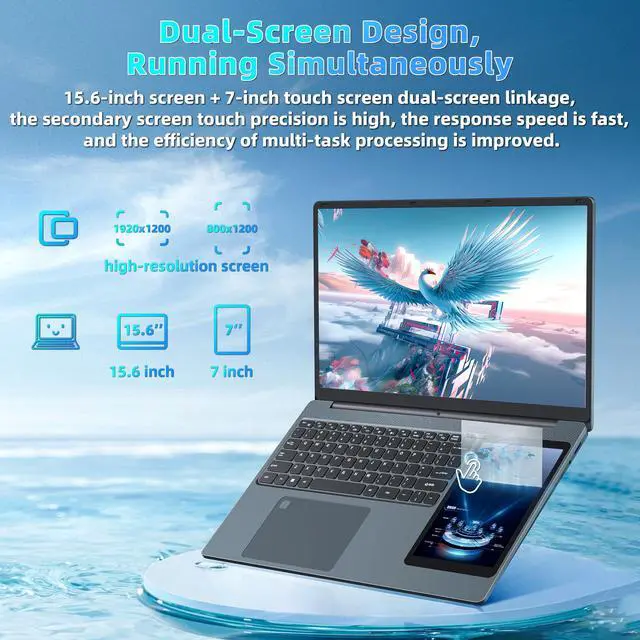Alt view image 2 of 5 - Dual Screen Laptop 15.6" LCD Screen + 7" Touch Screen Computer 16GB RAM 1TB SSD in tel N100 (up to 3.4GHz) /Student & Business Portable PC with Color Backlight KB,TypeC,Windows 11 Pro (16G+1TB)