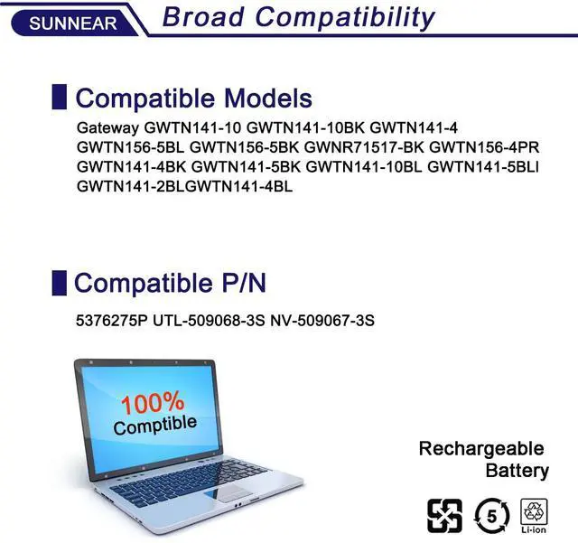 Alt view image 4 of 5 - 5376275P UTL-509068-3S Laptop Battery Replacement for Gateway GWTN141-10 GWTN141-10BK GWTN141-10BL WTN141-10GR GWTN141-4 GWTN141-2BL GWTN141-5BK GWTN156-5BL GWTN156-1RG GWTN156-9SL NV-509067-3S 3-cell