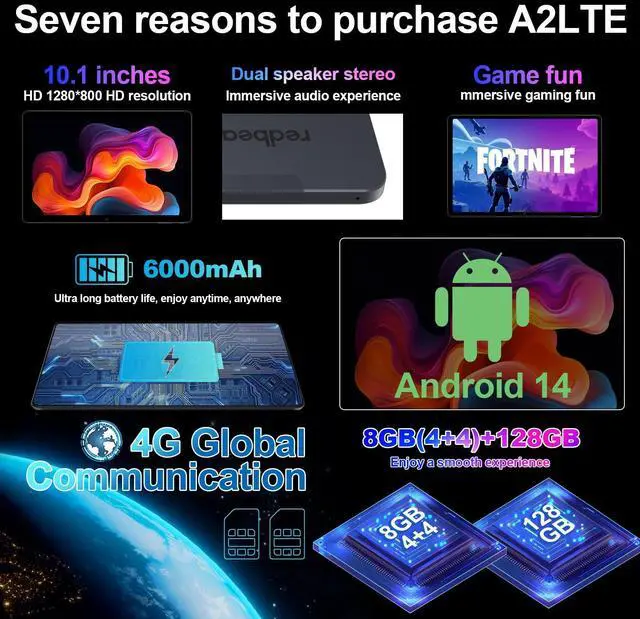 Alt view image 2 of 5 - Android 14 tablet, Unlocked GSM/4G LTE Cellular Tablets with SIM Card Slot GPS 8GB RAM 128GB ROM, 6000 Battery, WiFi Dual Camera Speakers, 10.1 inch HD Touch Screen for Adults Kid Seniors and Cars