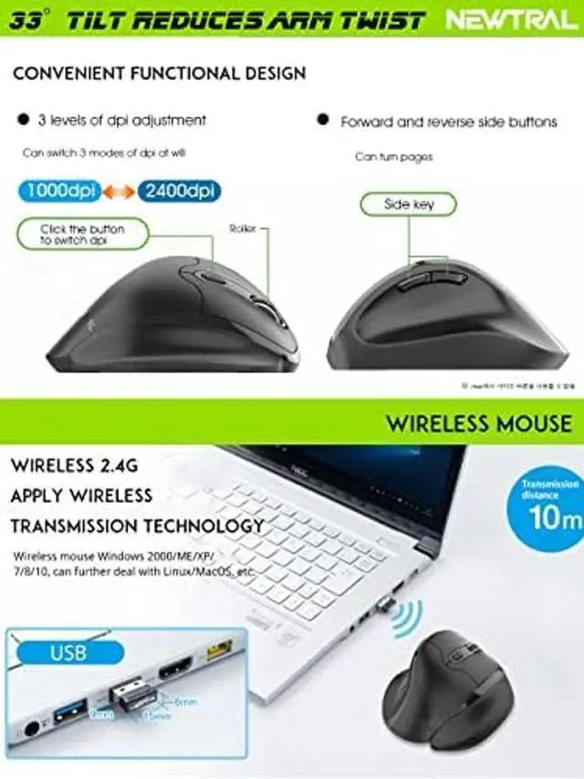 Alt view image 4 of 4 - CENSI Newtral Ergonomic Mouse,Vertical Wireless Mouse - 2.4GHz Optical Vertical Mice : 3 Adjustable DPI 800/1200/1600 Levels