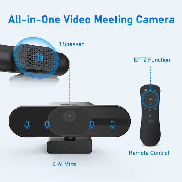 Alt view image 2 of 5 - 4K Webcam with Speaker and 4 AI Noise-Cancelling Mics, Wide Angle PC Cameras with Remote, Auto Focus, Privacy Cover, Tripod, Great for Computer, Zoom, Skype, Teams, Laptop, Personal Video Calling