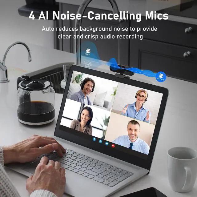 Alt view image 4 of 5 - 4K Webcam with Speaker and 4 AI Noise-Cancelling Mics, Wide Angle PC Cameras with Remote, Auto Focus, Privacy Cover, Tripod, Great for Computer, Zoom, Skype, Teams, Laptop, Personal Video Calling