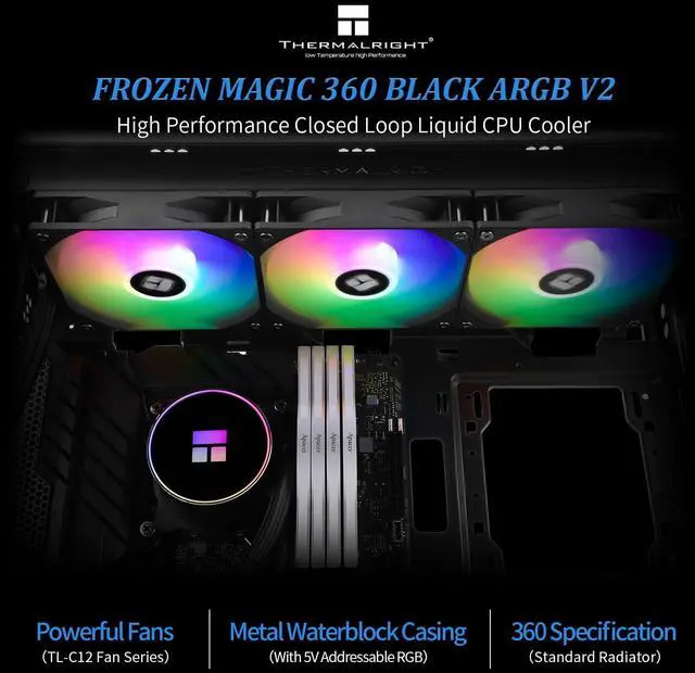 Alt view image 2 of 5 - Thermalrlght Frozen Magic 360 Black ARGB V2 Liquid CPU Cooler, AIO Pump Head Speed up to 2800RPM, TL-C12B-S V2 PWM Fans,for AMD/AM4/AM5, Intel LGA1150/1151/1200/2011/1700, Computer CPU Liquid Cooler
