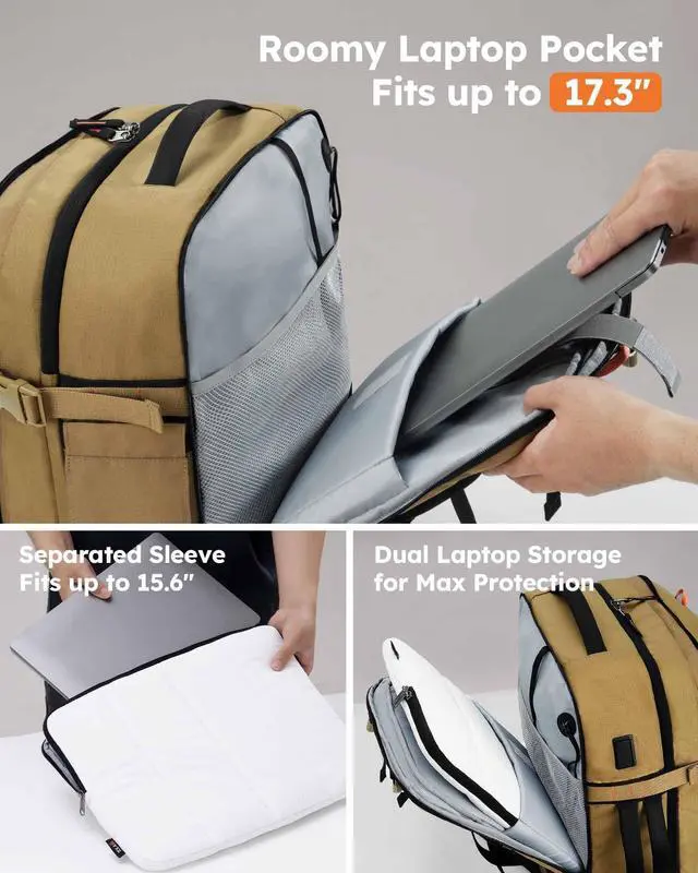 Alt view image 3 of 5 - Tolaccea Travel Laptop Backpack, TSA Flight Approved Carry On Travel Duffel Backpack, Dual Laptop Storage for 17.3" and 15.6" Laptop, Large Luggage Backpack 45-50L Expandable for Men Women (Khaki)