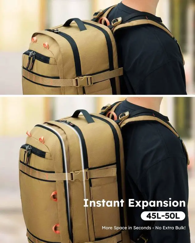 Alt view image 4 of 5 - Tolaccea Travel Laptop Backpack, TSA Flight Approved Carry On Travel Duffel Backpack, Dual Laptop Storage for 17.3" and 15.6" Laptop, Large Luggage Backpack 45-50L Expandable for Men Women (Khaki)