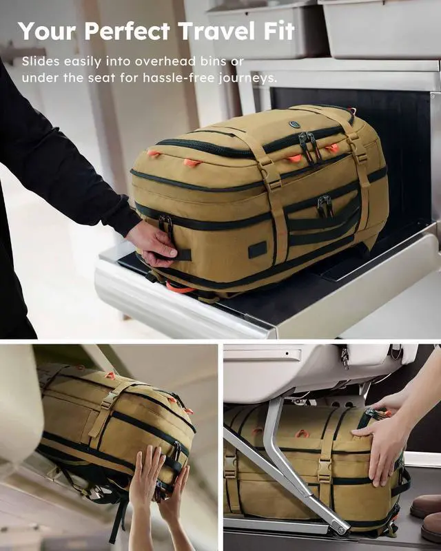Alt view image 5 of 5 - Tolaccea Travel Laptop Backpack, TSA Flight Approved Carry On Travel Duffel Backpack, Dual Laptop Storage for 17.3" and 15.6" Laptop, Large Luggage Backpack 45-50L Expandable for Men Women (Khaki)