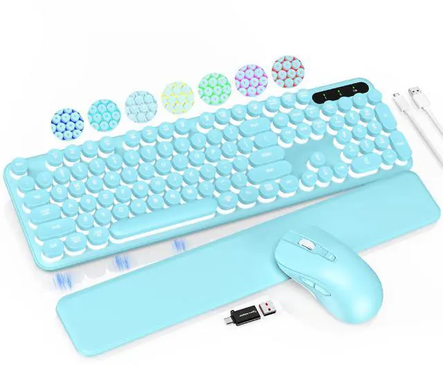 Main image of Wireless Keyboard and Mouse Backlit - Typewriter Keyboard with Retro Round Keycaps, Detachable Wrist Rest, Light Up Letters, 2.4G Rechargeable Combo for Mac, Windows, PC, Laptop, Trueque (Aqua Blue)