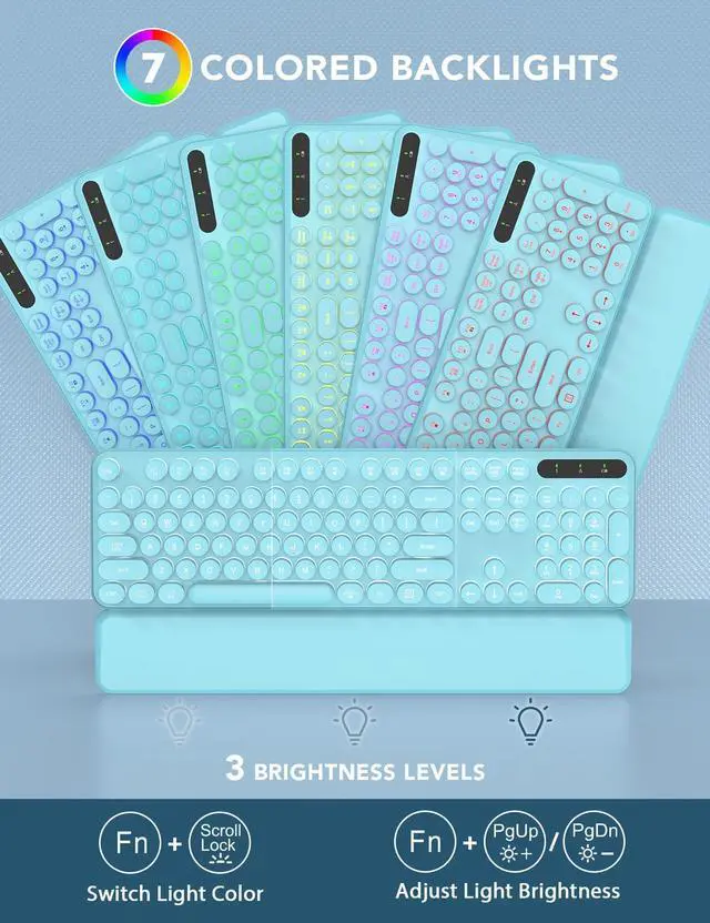 Alt view image 2 of 5 - Wireless Keyboard and Mouse Backlit - Typewriter Keyboard with Retro Round Keycaps, Detachable Wrist Rest, Light Up Letters, 2.4G Rechargeable Combo for Mac, Windows, PC, Laptop, Trueque (Aqua Blue)