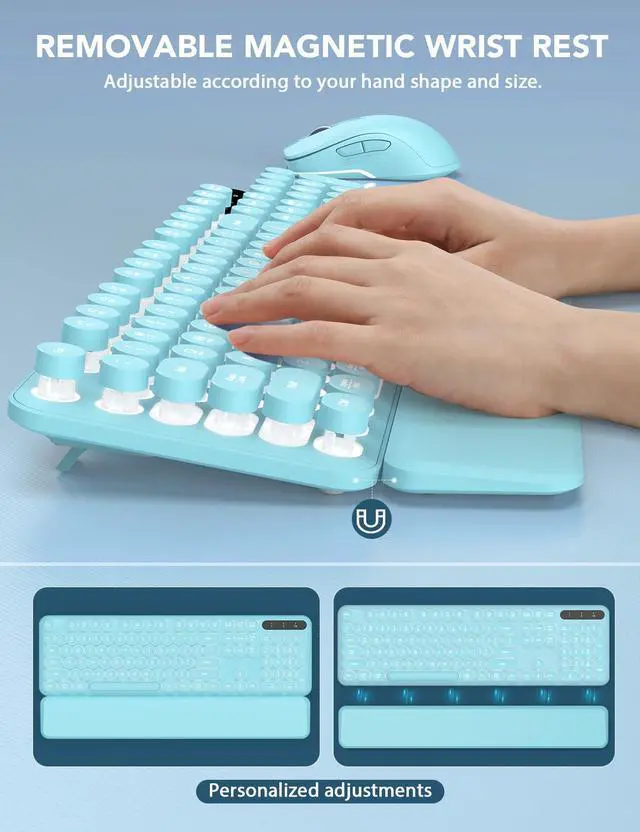 Alt view image 3 of 5 - Wireless Keyboard and Mouse Backlit - Typewriter Keyboard with Retro Round Keycaps, Detachable Wrist Rest, Light Up Letters, 2.4G Rechargeable Combo for Mac, Windows, PC, Laptop, Trueque (Aqua Blue)