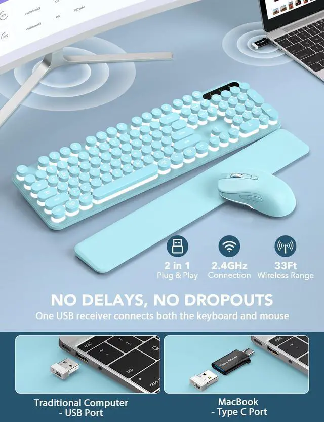 Alt view image 4 of 5 - Wireless Keyboard and Mouse Backlit - Typewriter Keyboard with Retro Round Keycaps, Detachable Wrist Rest, Light Up Letters, 2.4G Rechargeable Combo for Mac, Windows, PC, Laptop, Trueque (Aqua Blue)