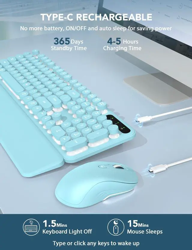 Alt view image 5 of 5 - Wireless Keyboard and Mouse Backlit - Typewriter Keyboard with Retro Round Keycaps, Detachable Wrist Rest, Light Up Letters, 2.4G Rechargeable Combo for Mac, Windows, PC, Laptop, Trueque (Aqua Blue)