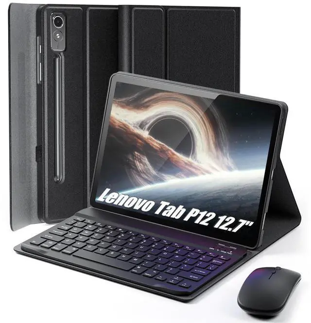 Main image of TUNKARMOR Keyboard Case for Lenovo Tab P12 12.7 Inch 2023/2024 - Mouse and Detachable Keyboard PU Leather Cover Case Auto Sleep/Wake - Black