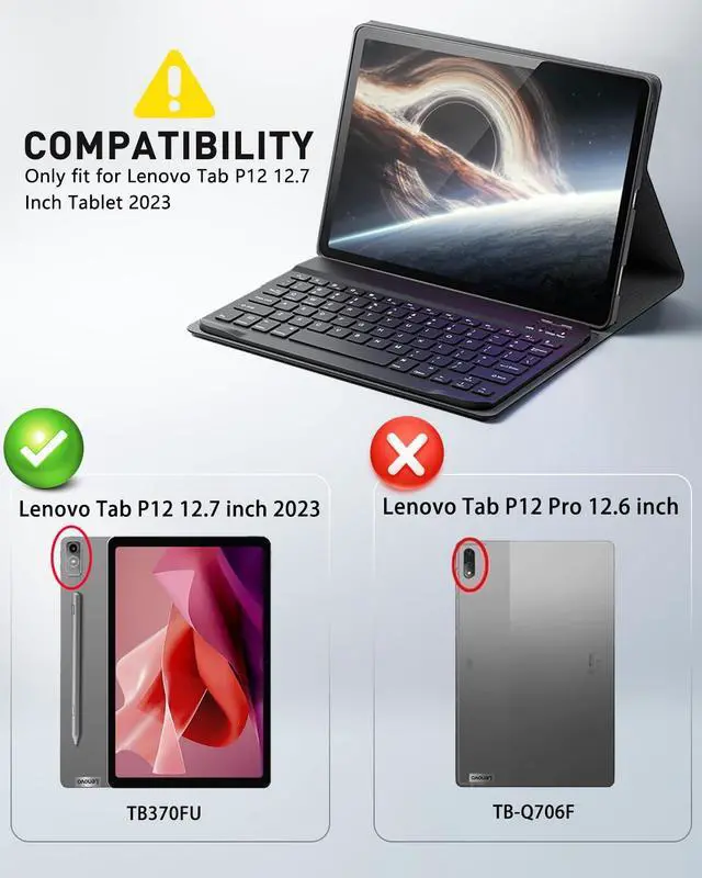 Alt view image 2 of 5 - TUNKARMOR Keyboard Case for Lenovo Tab P12 12.7 Inch 2023/2024 - Mouse and Detachable Keyboard PU Leather Cover Case Auto Sleep/Wake - Black