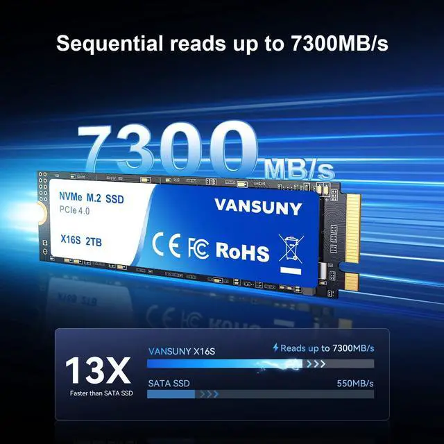 Alt view image 2 of 5 - Vansuny 2TB NVMe M.2 SSD, PCIe 4.0 M.2 2280 Internal Solid State Drive, Speeds Up-to 7,300 MB/s with Heatsink and Screwdrivers for PC Gaming Design High End Computing