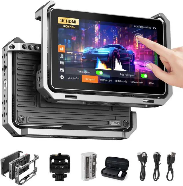Main image of VILTROX DC-X2 2000 Nits Video Field Monitor with Rig Cage, 6 inch Touchscreen 4K HDMI in/Out On Camera Monitor with Sunshade Hood Battery, 1920X1080 HD Focus Peaking 3D Lut Full Waveform RGB Parada
